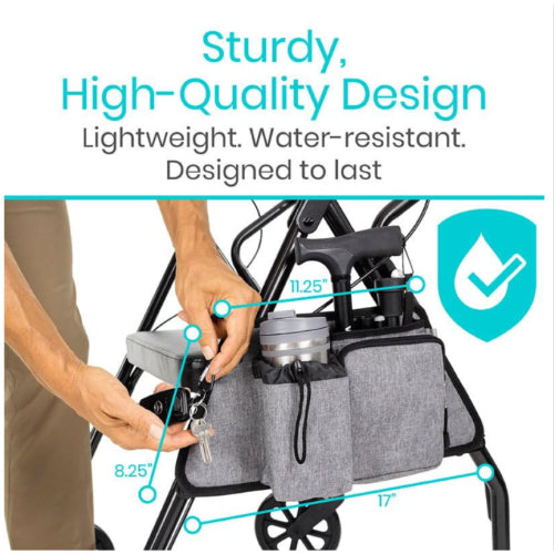 Vive Health Rollator Side Bag, Water-Resistant, Cup, Pen, Key, Gray