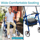 Foldable Vive Health upright walker in blue with sturdy frame and locking wheels, Moovkart.