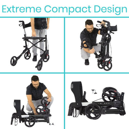 Vive Health Everglide Rollator Model S, Foldable with Tote Bag and Cane Holder, Black