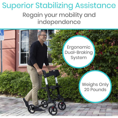Vive Health Everglide Rollator Model S, Foldable with Tote Bag and Cane Holder, Black