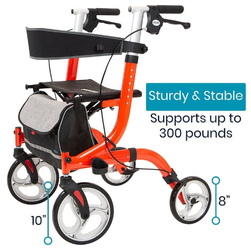 Vive Health Everglide Rollator Walker Model S, Red with Adjustable Handles, Dual Braking System, 8-Inch Wheels