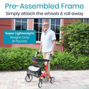 Vive Health Everglide Rollator Walker Model S, Red with Adjustable Handles, Dual Braking System, 8-Inch Wheels