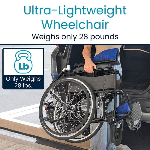 Vive Health Air Frame Foldable Wheelchair, Black with Black and Blue Upholstery