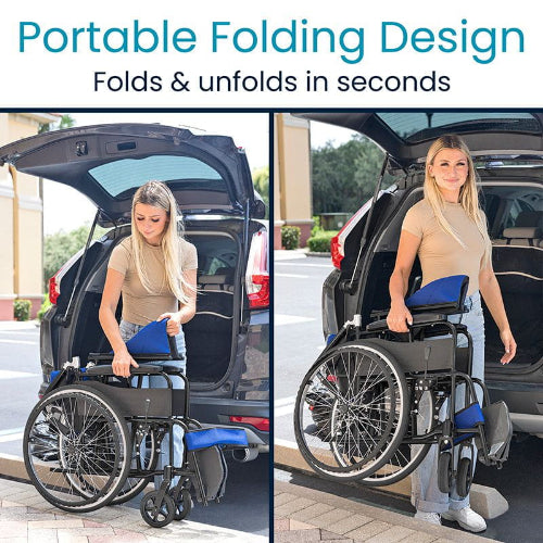 Vive Health Air Frame Foldable Wheelchair, Black with Black and Blue Upholstery