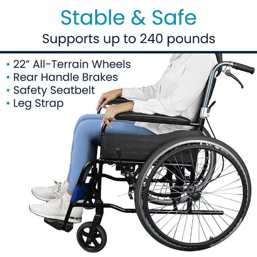 Vive Health Air Frame Foldable Wheelchair, Black with Black and Blue Upholstery