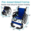 Vive Health Air Frame Foldable Wheelchair, Black with Black and Blue Upholstery