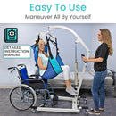 Side view of Vive Health Hydraulic Lift with adjustable forks and locking casters for stable movement, Moovkart