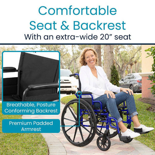 Vive Health Heavy-Duty Foldable Wheelchair with Adjustable Footrests, Lightweight Steel Frame for Mobility and Travel