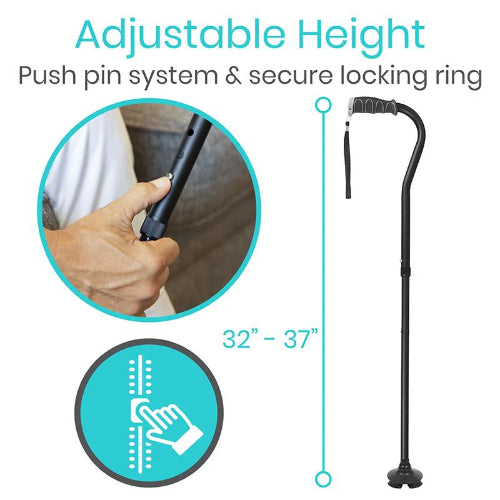 Vive Health Adjustable Folding Offset Swivel Cane, Self-Standing Quad Tip Cane for Stability and Support