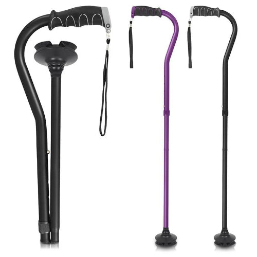 Vive Health Adjustable Folding Offset Swivel Cane, Self-Standing Quad Tip Cane for Stability and Support