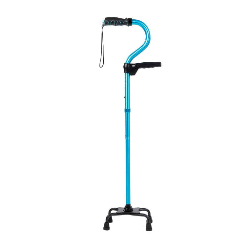 Vive Health Stand Assist Cane, Teal with four-prong self-standing base, adjustable height, and padded offset handle. Moovkart