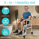 Vive Health Shower Commode Transport Chair, Aluminum with Locking Wheels and Cushioned Seat