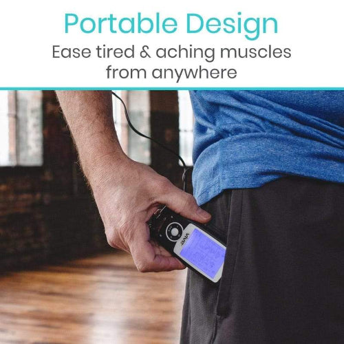 Portable 8-mode TENS unit with self-adhering electrode pads. Moovkart