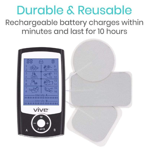 Rechargeable TENS unit for pain relief and circulation improvement. Moovkart