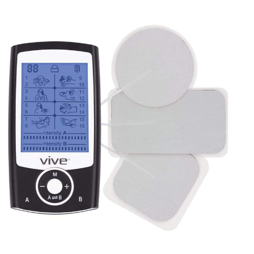 Vive Health TENS unit with LCD screen and electrode pad setup. Moovkart