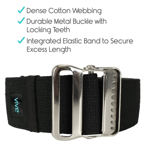 Vive Health Gait Belt, Metal Buckle, Black, 60 Inches