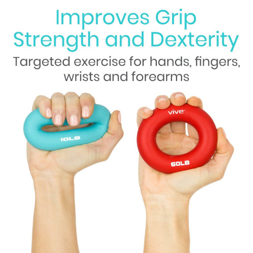 Vive Health Ring Grip Exercisers with 6 Firmness Levels, Nylon Travel Bag