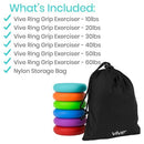 Vive Health Ring Grip Exercisers with 6 Firmness Levels, Nylon Travel Bag