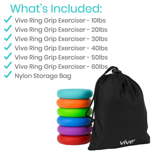 Vive Health Ring Grip Exercisers with 6 Firmness Levels, Nylon Travel Bag