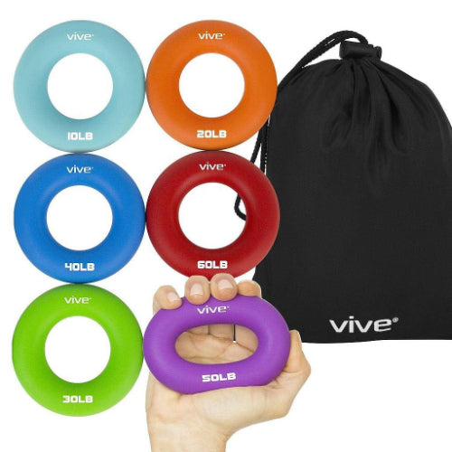 Vive Health Ring Grip Exercisers with 6 Firmness Levels, Nylon Travel Bag