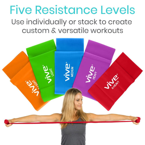 Vive Health Straight Resistance Bands, X-Light To X-Heavy, 6 Feet, Pack of 5