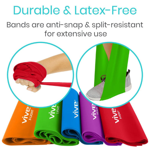 Vive Health Straight Resistance Bands, X-Light To X-Heavy, 6 Feet, Pack of 5
