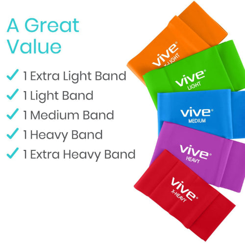 Vive Health Straight Resistance Bands, X-Light To X-Heavy, 6 Feet, Pack of 5