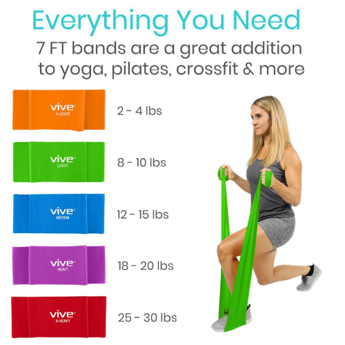 Vive Health Straight Resistance Bands, X-Light To X-Heavy, 6 Feet, Pack of 5