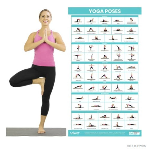 Vive Health Yoga Poster, 57 Poses, Laminated Finish