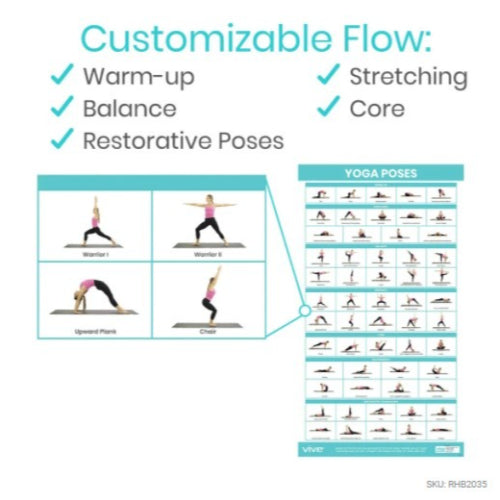 Vive Health Yoga Poster, 57 Poses, Laminated Finish