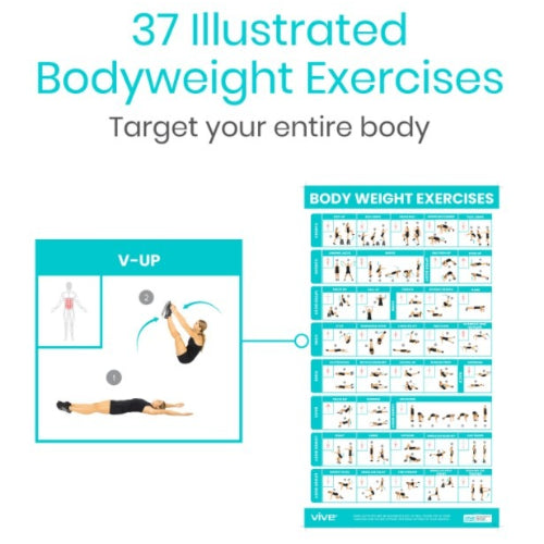 Vive Health No Equipment Poster Pack, Yoga, Body Weight, Stretching, Full-Color, Laminated