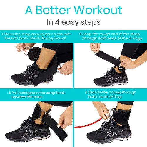 Vive Health Ankle Straps with Dual D‑Rings for Glute and Leg Cable Machine Exercises, Black