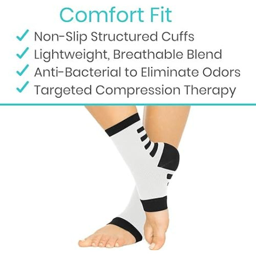 Vive Health Ankle Compression Socks, Large, White with Black