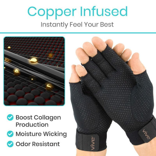 Vive Health Copper Arthritis Gloves with Strap, Black