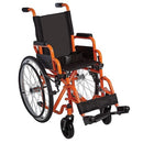 Ziggo Lightweight Folding Wheelchair, orange frame, easy transport, and adjustable features for comfort and maneuverability, Moovkart.