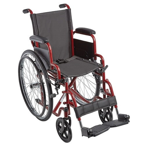 Ziggo Lightweight Folding Wheelchair with 14-Inch Seat, Red Frame, Flip-Back Arms, Swing-Away Footrests, and Durable Design. Moovkart