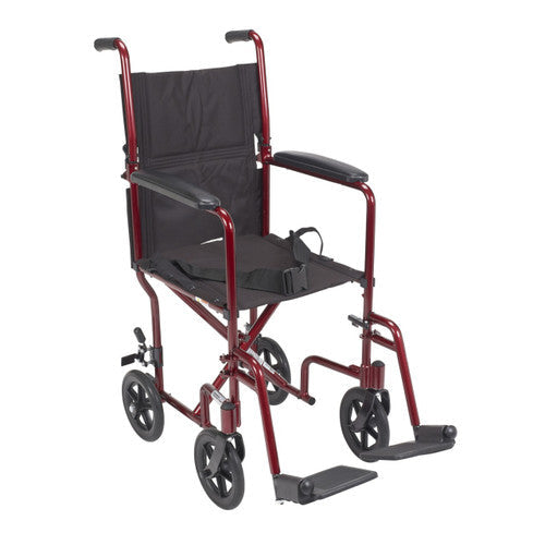 Drive Medical 17 inches wide aluminum transport chair in red, offering a lightweight and comfortable design for effortless transportation. Moovkart