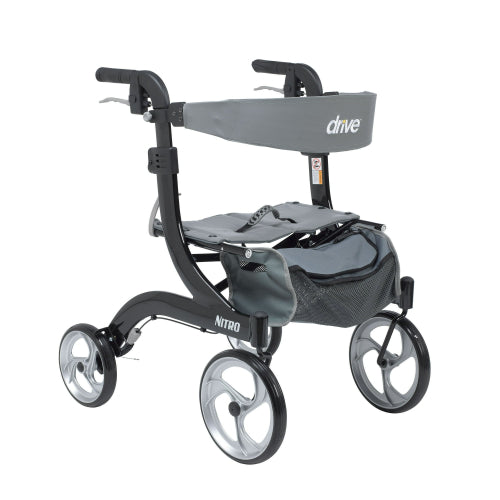 Drive Medical Nitro Aluminum Rollator for unmatched mobility, featuring a comfortable seat, large front casters, and a foldable design, Moovkart