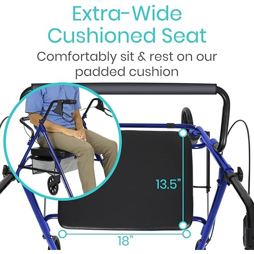 Vive Health Bariatric Rollator, Adjustable Steel Frame, Blue