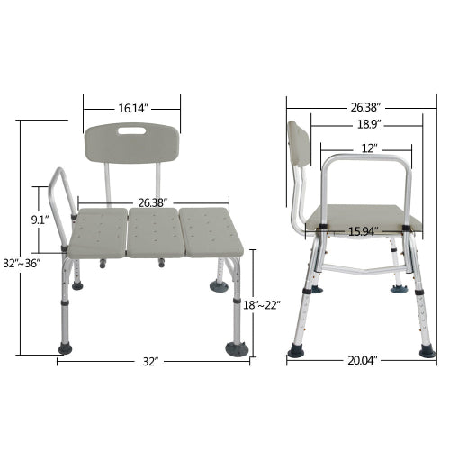 Shower Tub Aluminium Alloy Bath Chair Transfer Bench with Back & Handle Gray