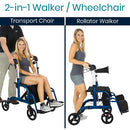 Vive Health Hybrid Rollator Wheelchair, Folding Aluminum Frame with 8 Inch Wheels, Footrests, Blue