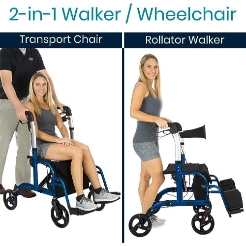 Vive Health Wheelchair Rollator Hybrid, Aluminum, Blue, 300Lbs