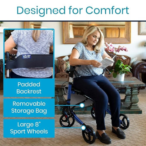 Vive Health 4-Wheel Rollator Walker, Foldable, Adjustable, with Storage Bag