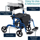 Vive Health Hybrid Rollator Wheelchair, Folding Aluminum Frame with 8 Inch Wheels, Footrests, Blue