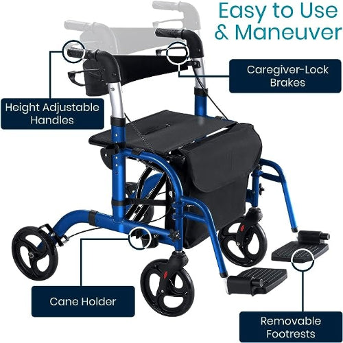 Vive Health Wheelchair Rollator Hybrid, Aluminum, Blue, 300Lbs