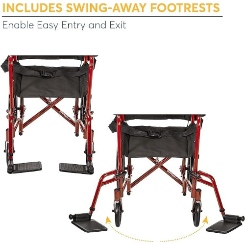 Drive Medical Expedition Aluminum Transport Chair with Loop Locks, Red