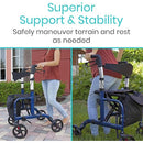 Vive Health Hybrid Rollator Wheelchair, Folding Aluminum Frame with 8 Inch Wheels, Footrests, Blue