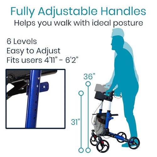 Vive Health 4-Wheel Rollator Walker, Foldable, Adjustable, with Storage Bag