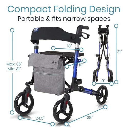 Vive Health 4-Wheel Rollator Walker, Foldable, Adjustable, with Storage Bag