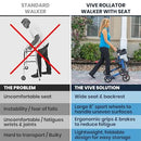 Vive Health 4-Wheel Rollator Walker, Foldable, Adjustable, with Storage Bag